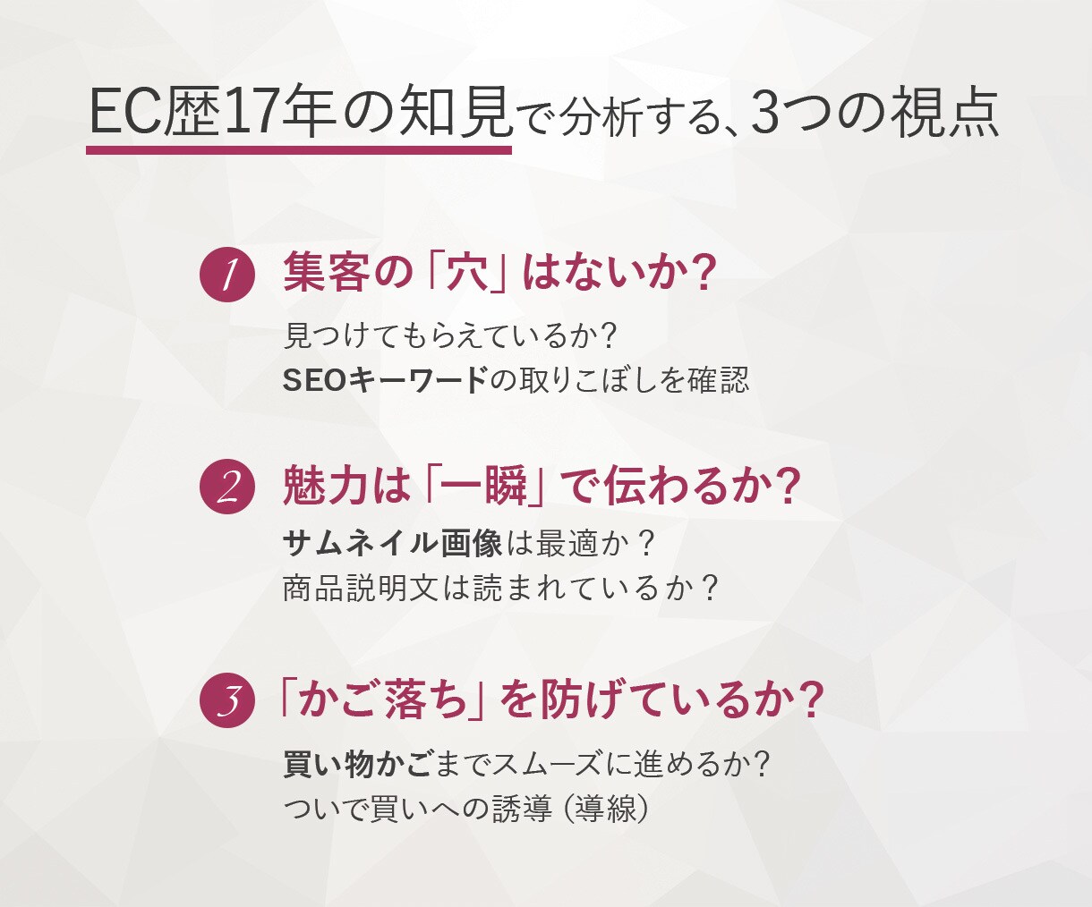 EC歴17年｜店舗の課題と「改善点」を特定します 楽天・Yahoo・自社ECサイト対応！EC診断 イメージ3
