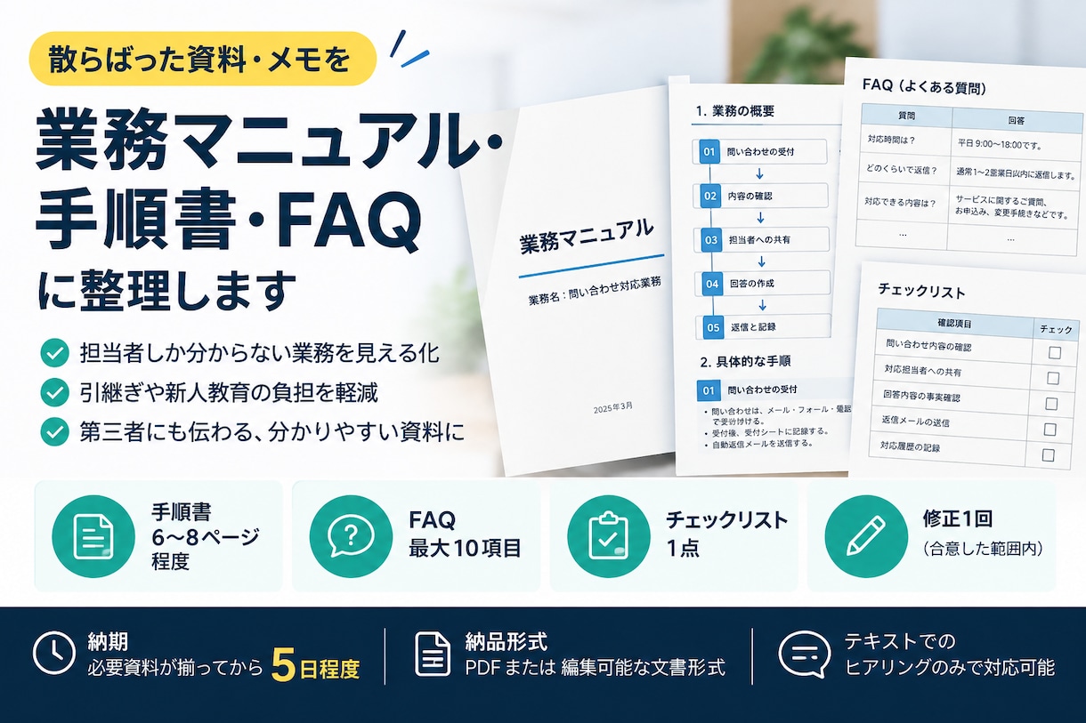 業務マニュアル・手順書を作成します 散らばった資料やメモを、分かりやすい手順書に整理 イメージ1