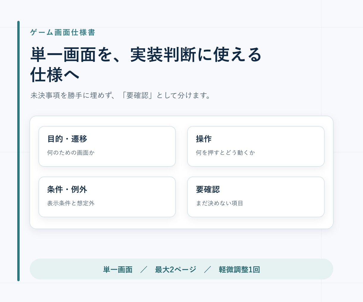 ゲームの1画面を実装向け仕様書にまとめます 未決事項を分け、実装担当が迷いにくい資料へ整えます イメージ1