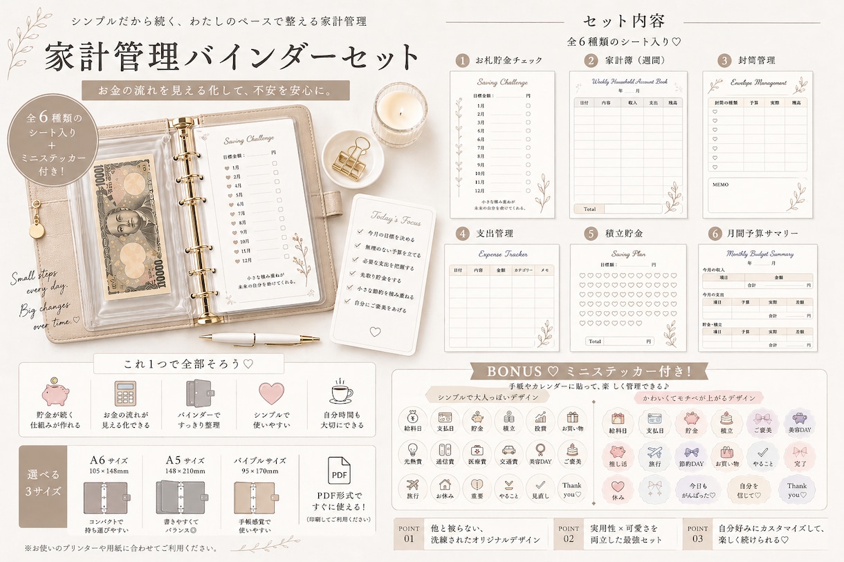 ズボラでも続く家計管理バインダーになります PDFですぐ使える可愛い家計管理セット イメージ3