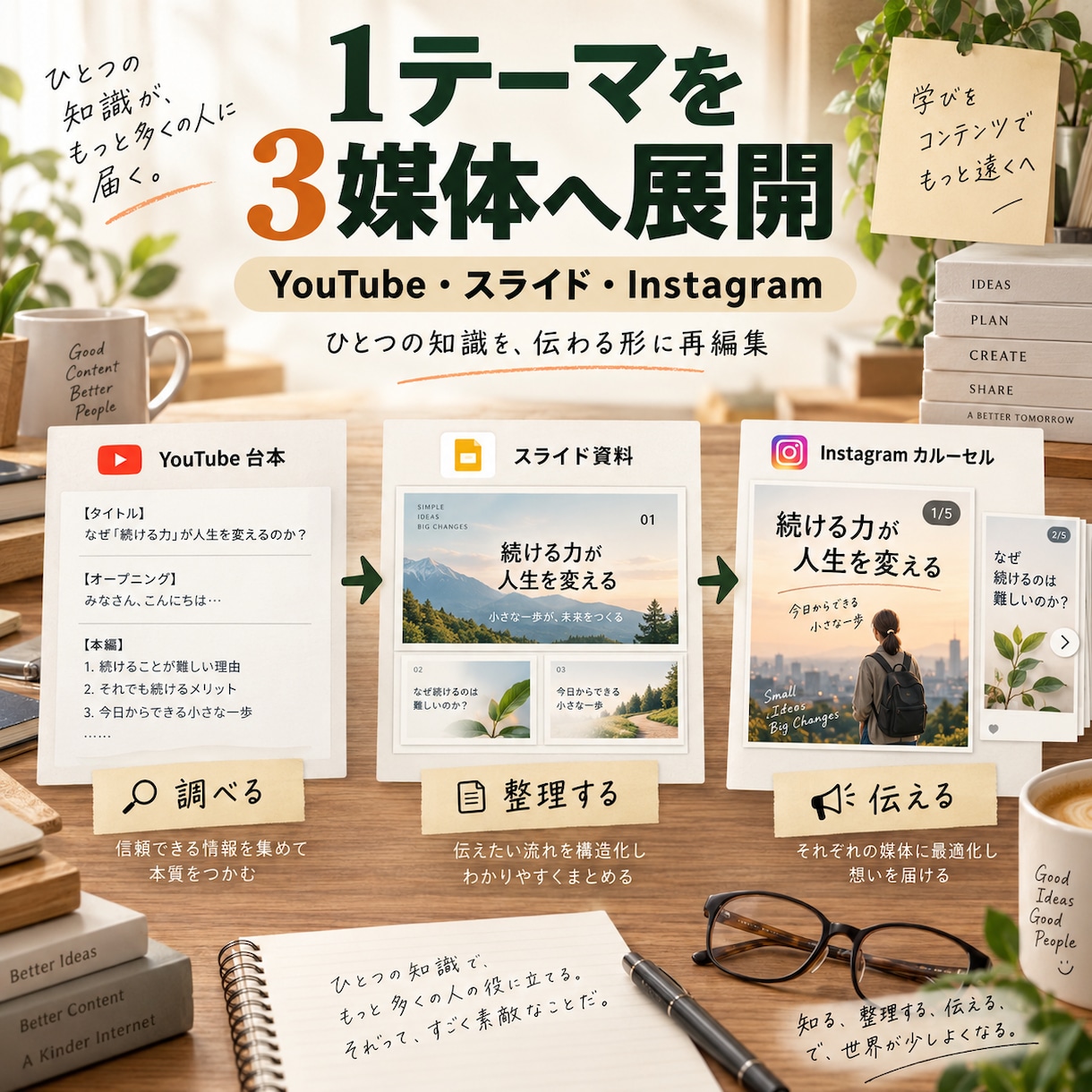 1テーマを3媒体へ展開します YouTube・スライド・Instagramをまとめて設計 イメージ1