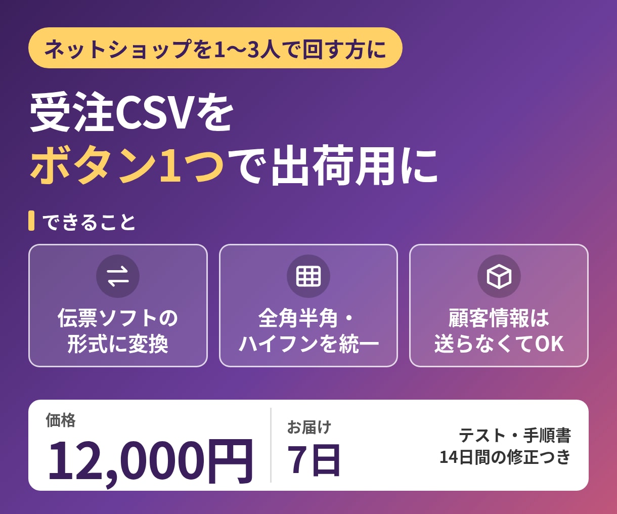 ネットショップの受注CSVを出荷用に変換します 受注CSVをボタン1つで出荷用に／顧客情報は送付不要 イメージ1