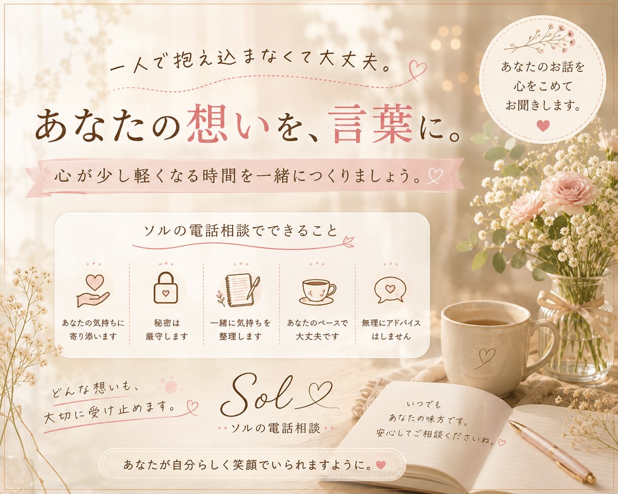 恋愛のお悩みに優しく寄り添います あなたの想いを、言葉に。一人で抱え込まなくて大丈夫です イメージ5
