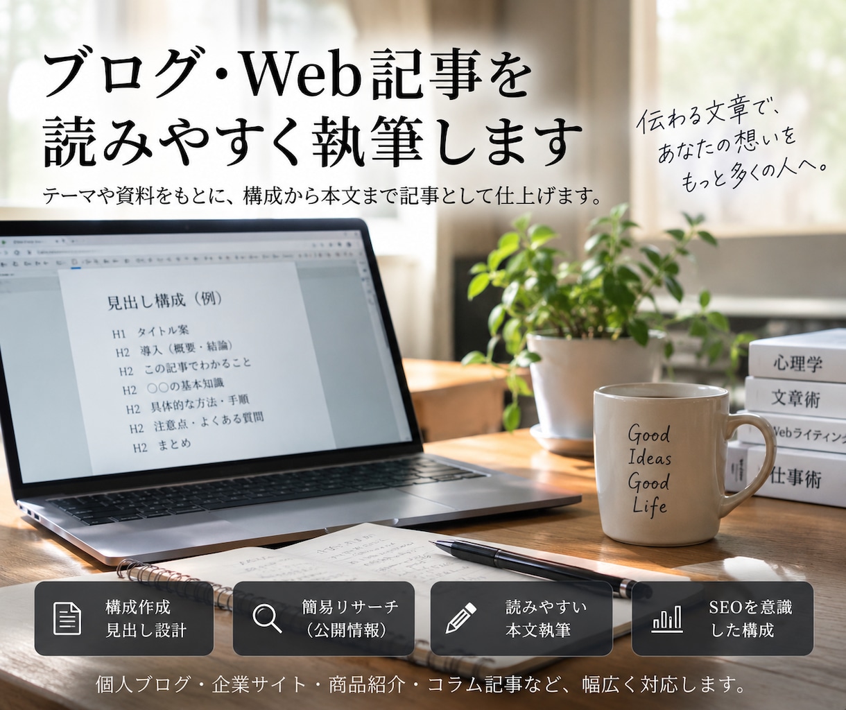 ブログ・Web記事を読みやすく執筆します テーマや資料を元に構成～3,000字程度の記事を作成します。 イメージ1