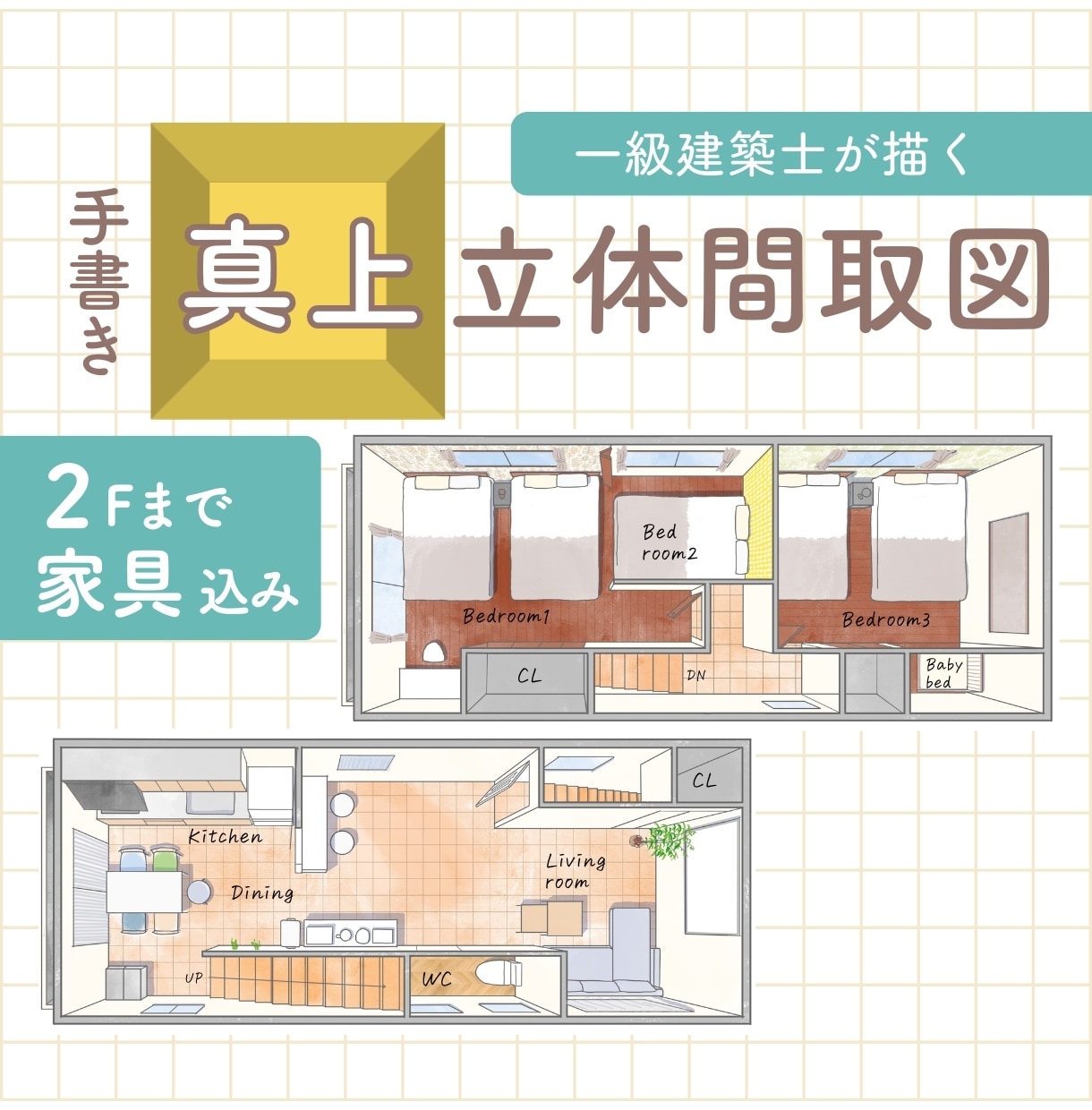 真上｜立体間取り図｜家具付き図を魅力的にします 一級建築士による手書きイラストで差別化を イメージ1