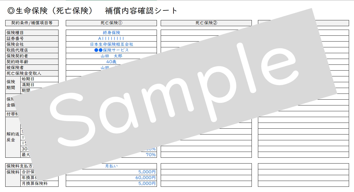 保険加入一覧表作成フォームを販売します ご自身での保険契約棚卸に活用できます。 イメージ2