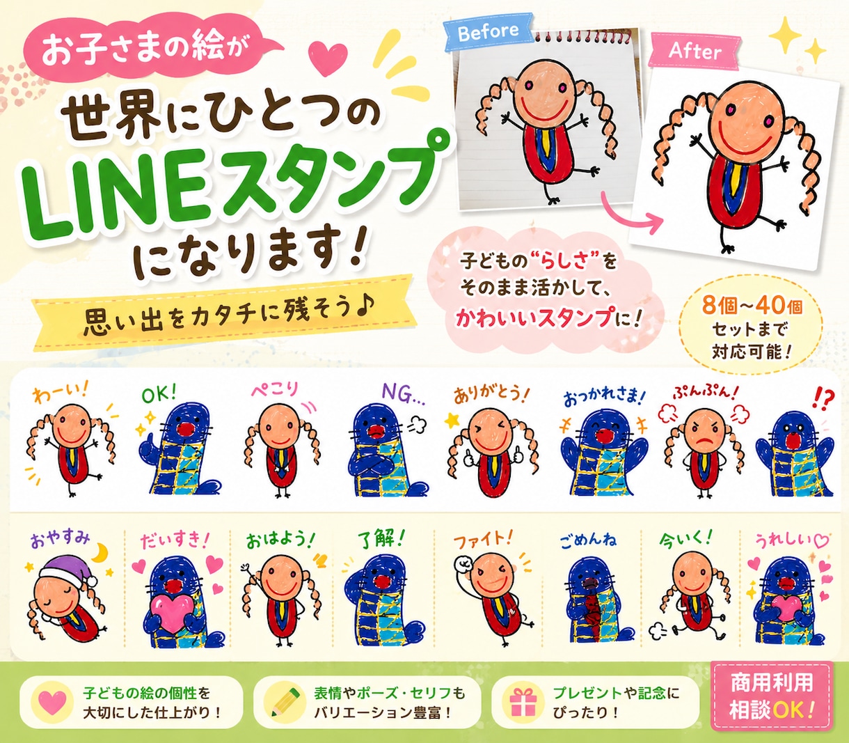 お子さんのお絵かきをLINEスタンプにします 思い出を形に。お絵かきを写メで送るだけで申請まで全ておまかせ イメージ1