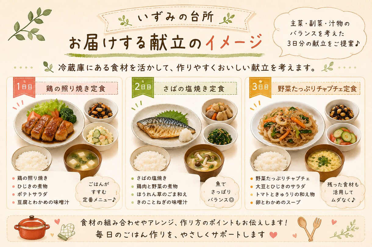冷蔵庫の食材で3日分の献立を考えます 家にある食材を活かして毎日の献立をお手伝いします イメージ3