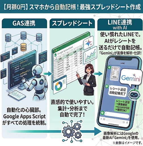 スプレッドシートとスマホを連携します レシートはスマホで撮って送るだけ！AIが全自動で帳簿を作る イメージ2