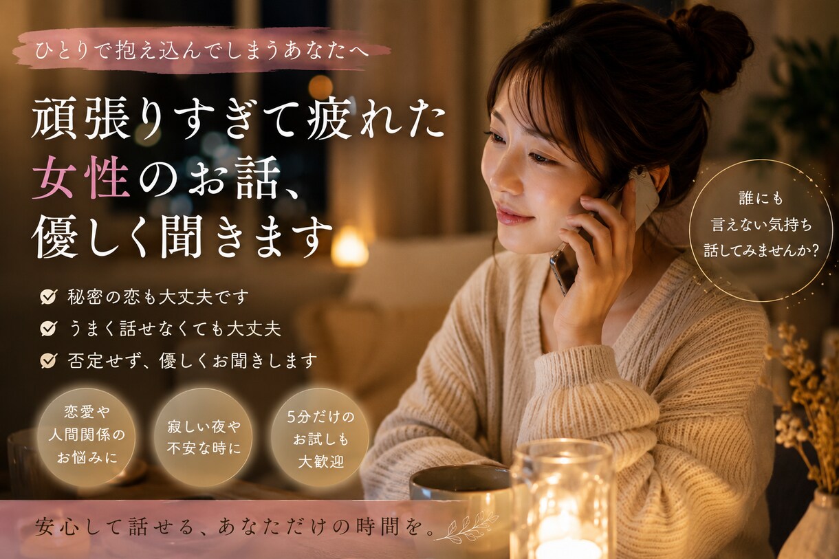 頑張りすぎて疲れた女性のお話、優しく聞きます うまく話せなくても大丈夫です＊ イメージ1