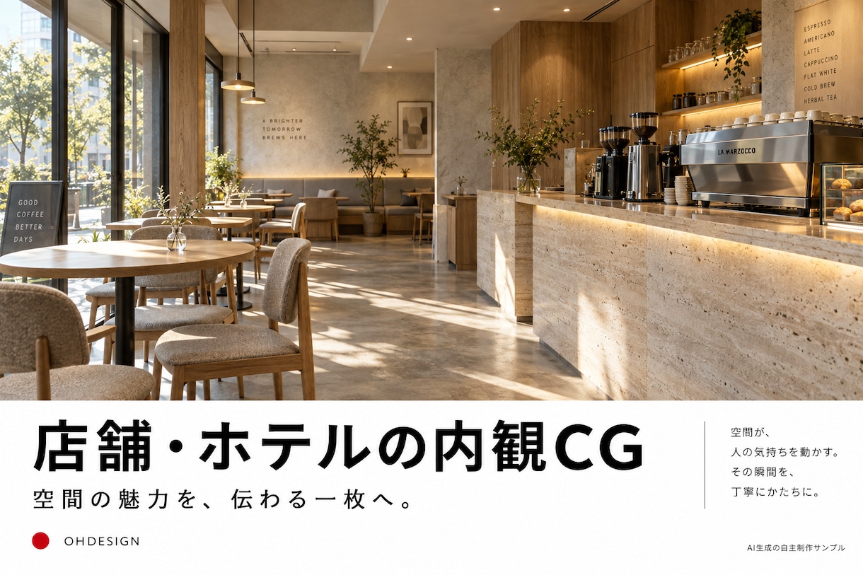 店舗・ホテルの内観CGを制作します 光と素材で、空間の魅力が伝わる一枚へ イメージ1