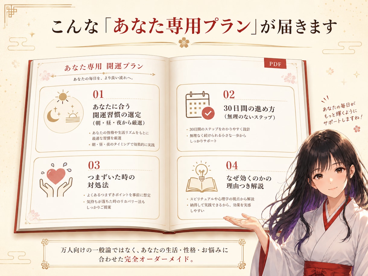 あなた専用の開運習慣30日プログラム作ります 生活に合わせた運の整え方をPDFで設計｜人生リスタート イメージ2