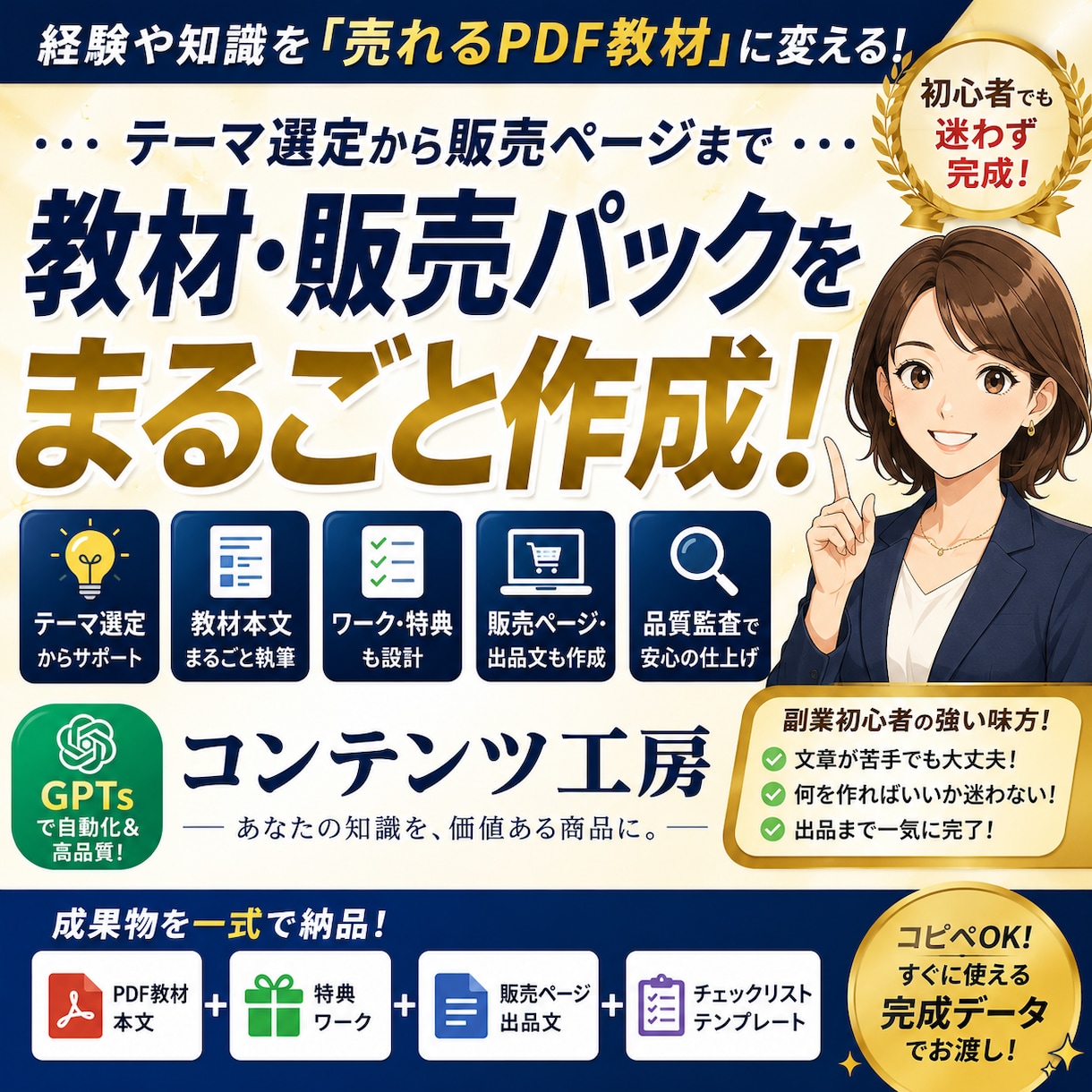 テーマ選定から納品物、出品文一式まで生成します 考える時間を減らして、使える完成物まで。 イメージ1