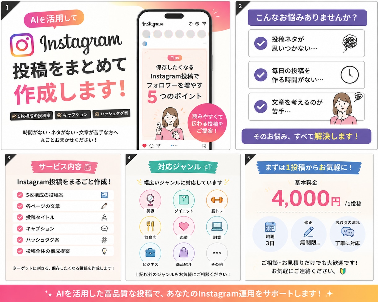Instagram投稿をAIで作成します 投稿内容を考える手間をAIでサポートします イメージ1
