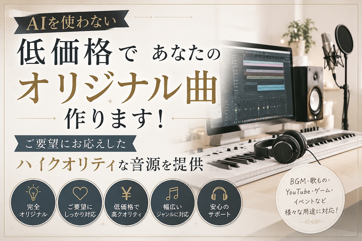 AＩを使わない低価格であなたのオリジナル曲作ります ご要望にお応えしたハイクオリティな音源を提供！ イメージ1