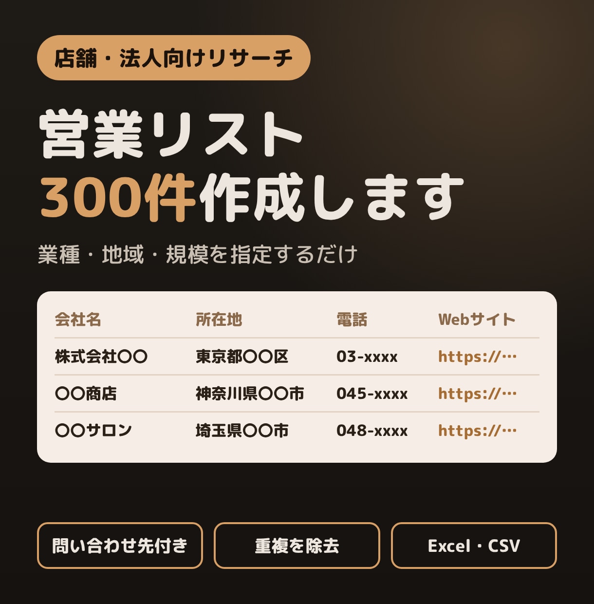 条件に合う法人の営業リストを300件作成します HP・問い合わせ先付き。重複を除いてExcelで納品 イメージ1
