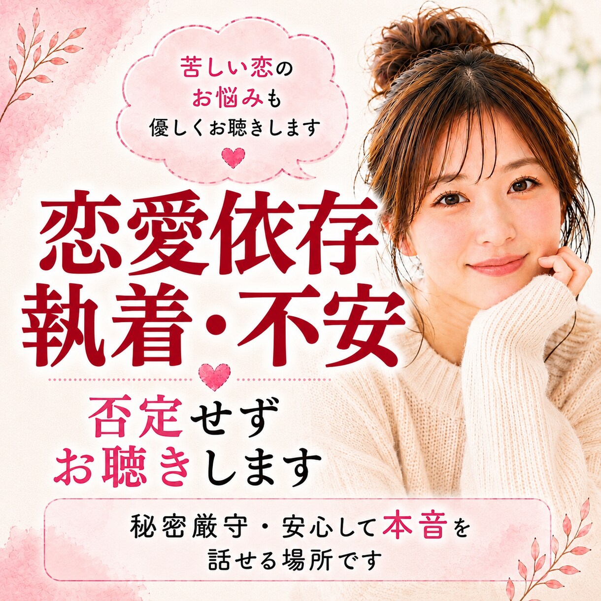 苦しい恋愛の不安・依存・執着を否定せずお聴きします 2年間の相談員実績。１人で抱え込まなくて大丈夫☘️ イメージ1
