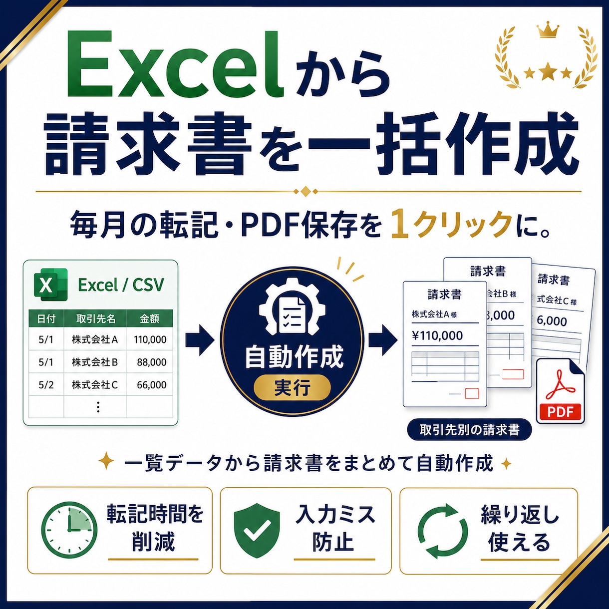 Excelから請求書を一括作成します 取引先ごとの転記・PDF保存を自動化します イメージ1