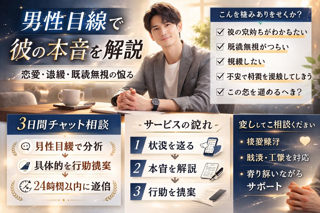 男性目線での本音を伝えます 彼の行動の意味や本気度を。自分を大切にする恋愛へ。 イメージ2