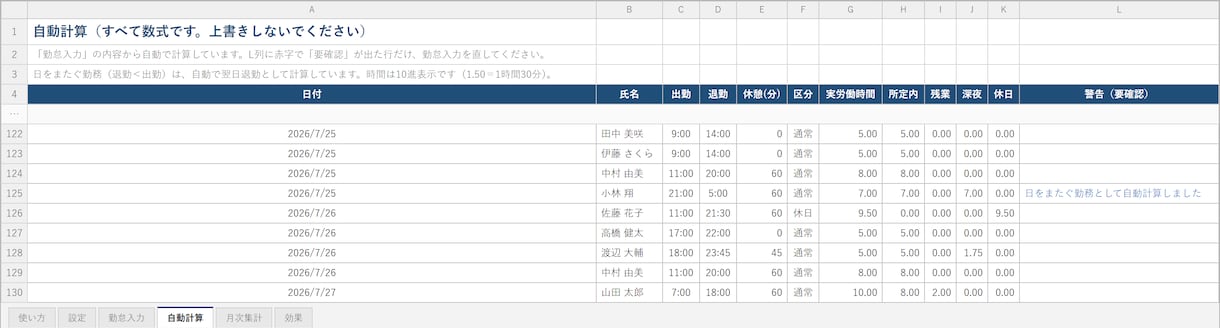 打刻漏れ日またぎ検知つき勤怠集計Excel作ります 打刻漏れと日またぎを、自動で見つけます。 イメージ3