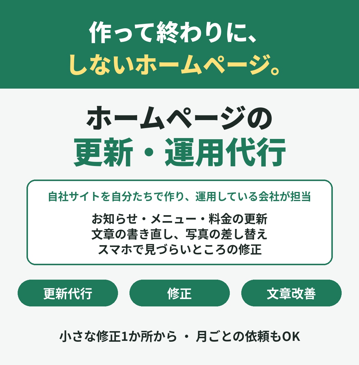 ホームページの更新・修正・運用を代行します 小さな修正1か所から｜毎月の更新もまとめてお任せ イメージ1