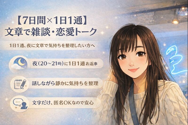 文章で雑談恋愛話【7日間】｜1日1通・夜返信します 夜に、文章で気持ちを整理したい方へ イメージ1
