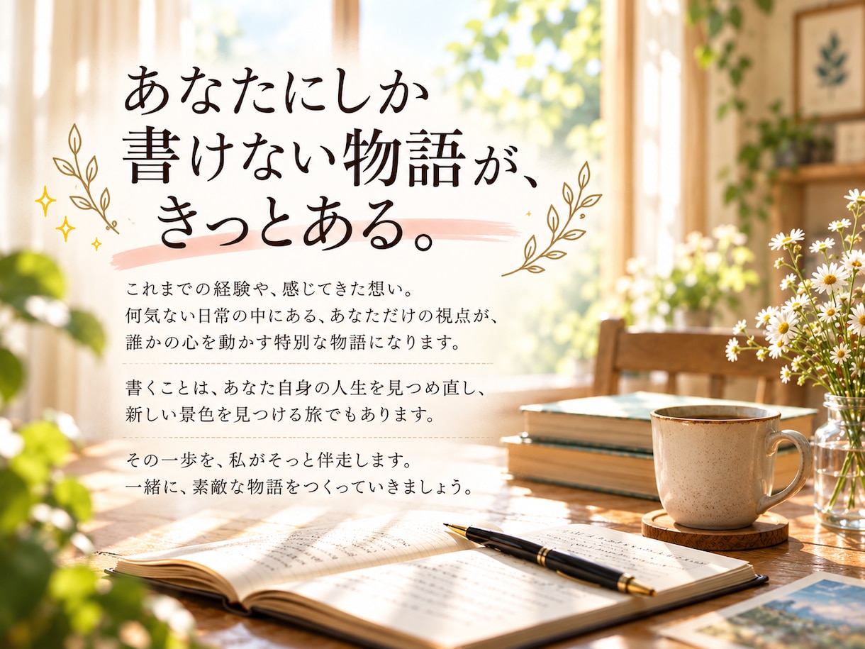 書きたい想いを物語に。小説家が30日間伴走します まずは、貴方らしい物語の紡ぎ方を対話で一緒に見つけましょう。 イメージ10
