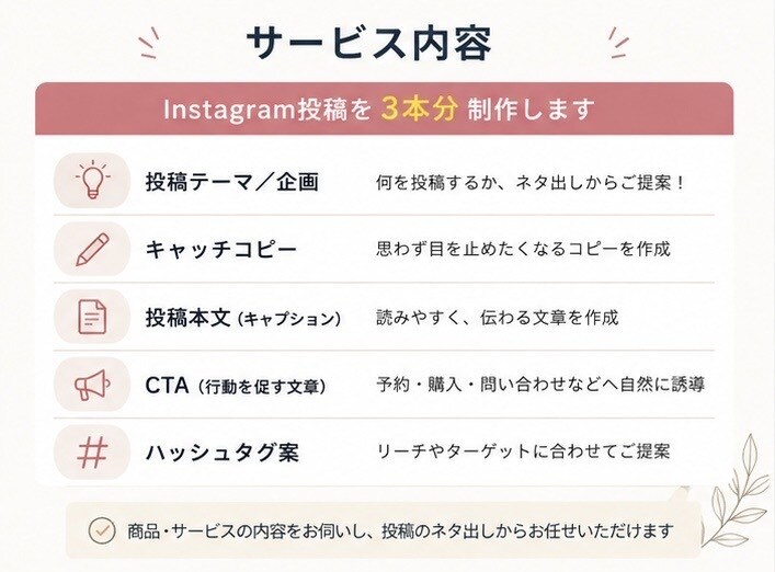 Instagram投稿をまるごと作成します 企画・文章・CTA・ハッシュタグまでまとめて対応 イメージ3