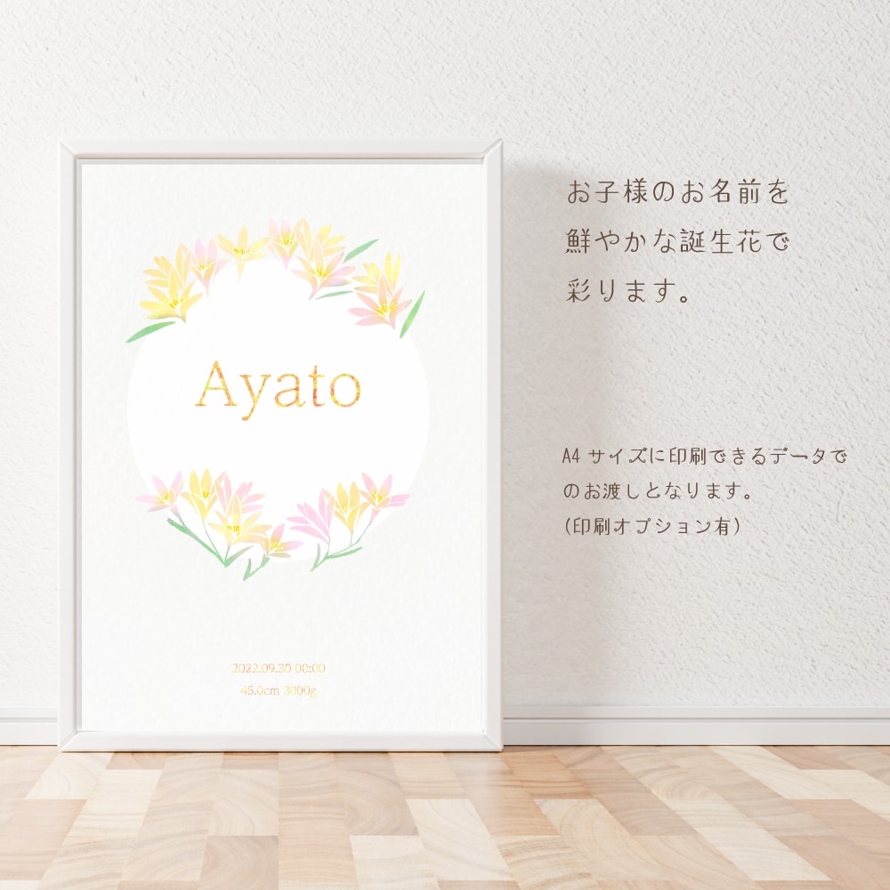 誕生花の命名書を作成します 鮮やかな水彩風誕生花イラストの命名書 イメージ2