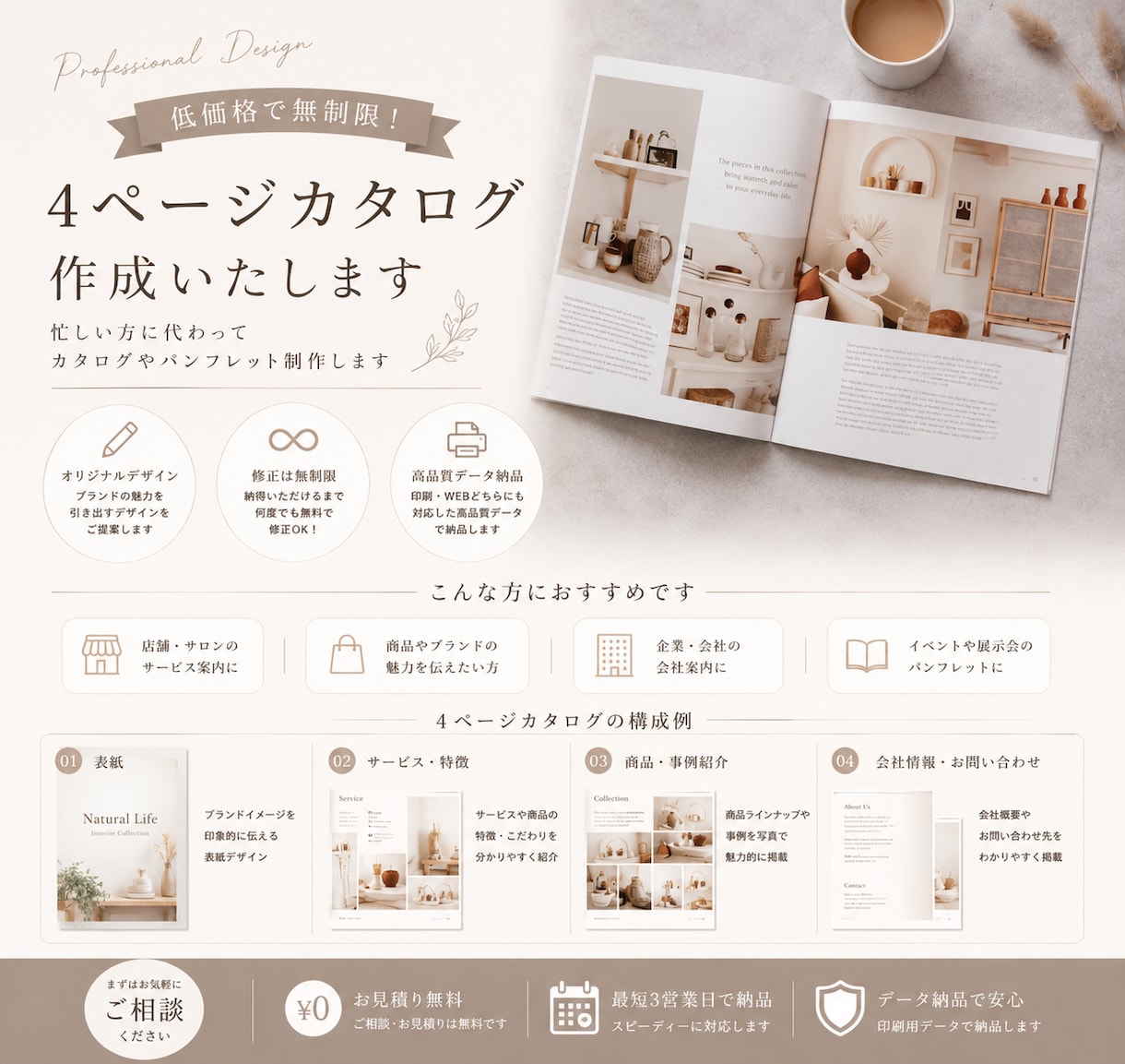 低価格で無制限！カタログ4P作成いたします 忙しい方に代わってカタログやパンフレット制作します イメージ1