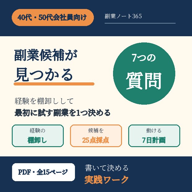 50代会社員の副業候補を7つの質問で見つけます 経験を棚卸し、最初に試す副業を決める15ページPDF イメージ1