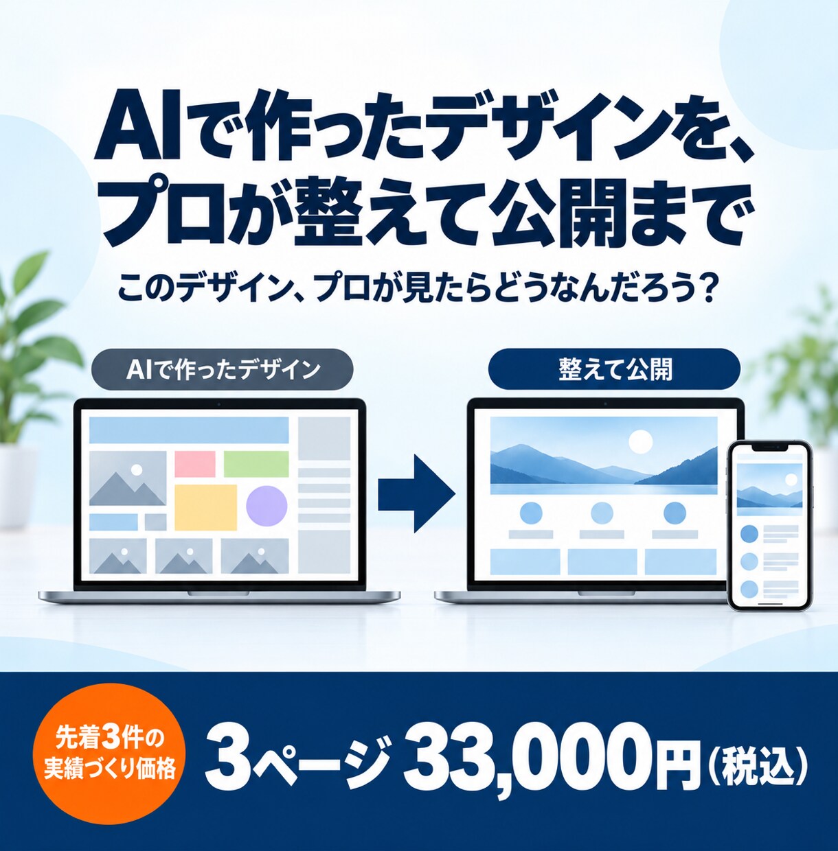 AIで作ったデザインプロが整えて実装します プロが整えて公開まで。静的サイトだから保守費なし イメージ1