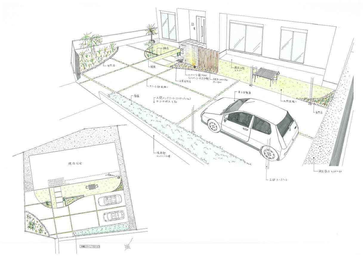 建築デザイナーが外構エクステリアを設計します 手書き風パースと発注用外構図、材料カタログでご提案。 イメージ9