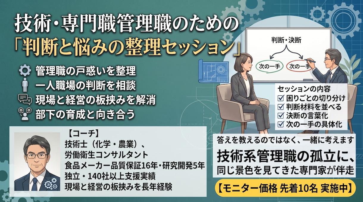 技術系・製造業の管理職の悩みを一緒に整理します 現場と経営の板挟みを、16年経験した立場から。 イメージ1