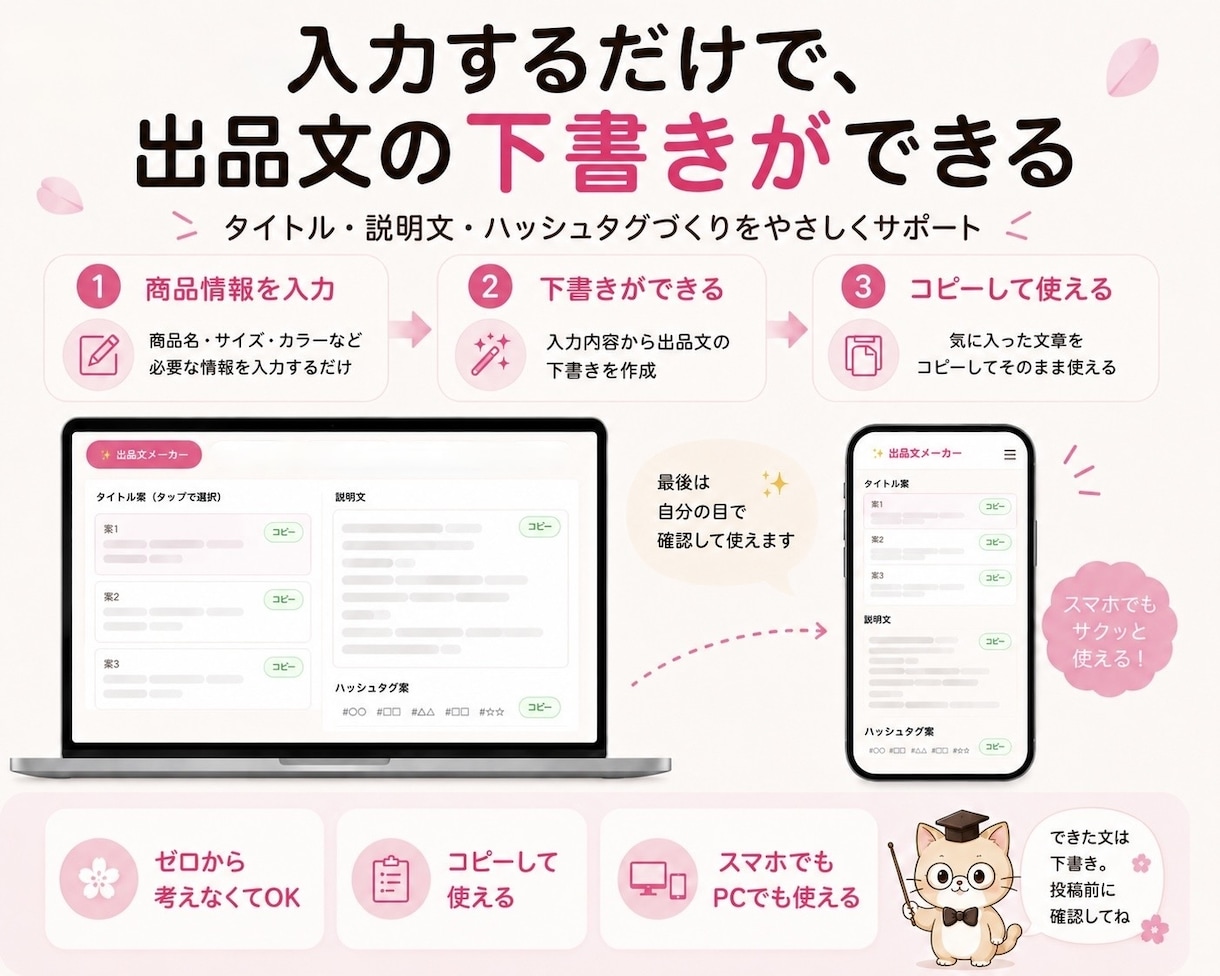 URLを開くだけでフリマ出品の世界へ飛び込めます 説明文づくりと出品前チェックができるかんたんキット イメージ4