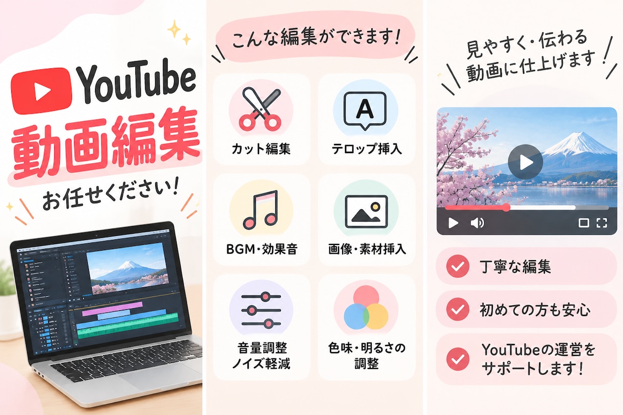 YouTube動画を丁寧に見やすく編集しますます カット・テロップ・効果音・BGMまで丁寧に対応いたします！ イメージ1