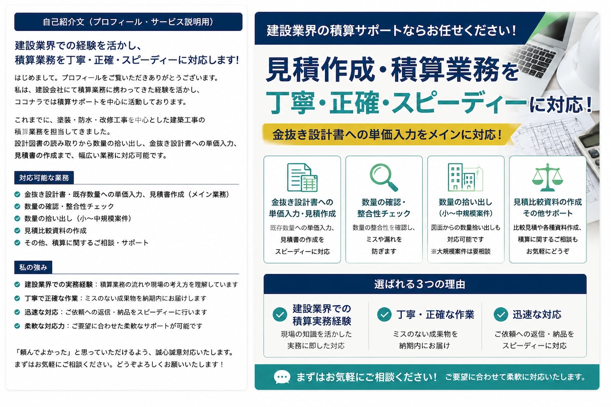 数量の拾い出し、公共・民間工事の積算代行いたします 建設業向けの見積作成、積算を代行いたします。 イメージ2