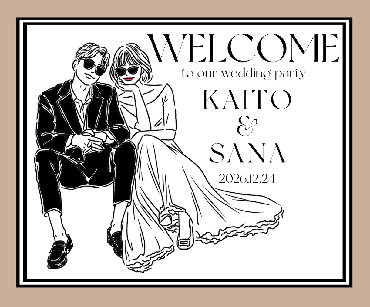 オシャレな似顔絵ウェルカムボードイラスト作成します 手書きの