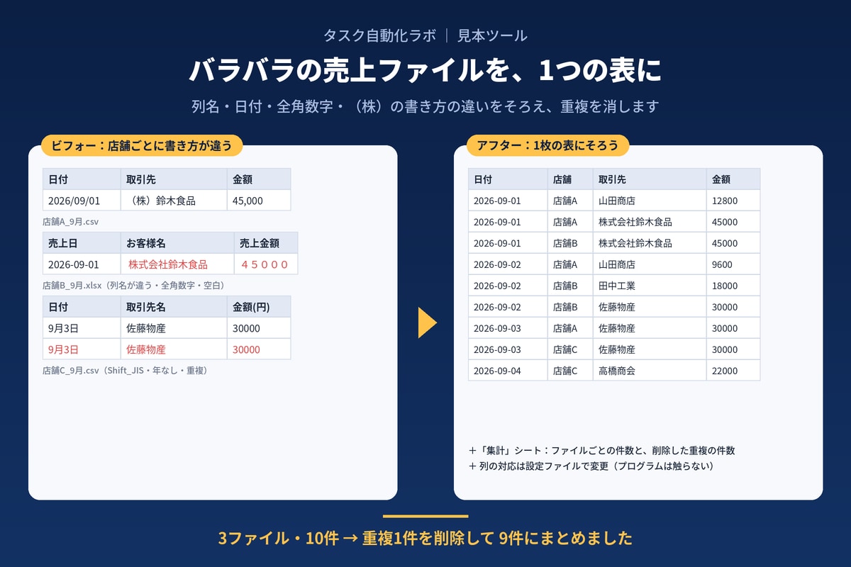 CSV・Excelの重複削除と表記ゆれ整理をします 重複や書き方のバラつきをそろえ、すぐ使える表にします イメージ1