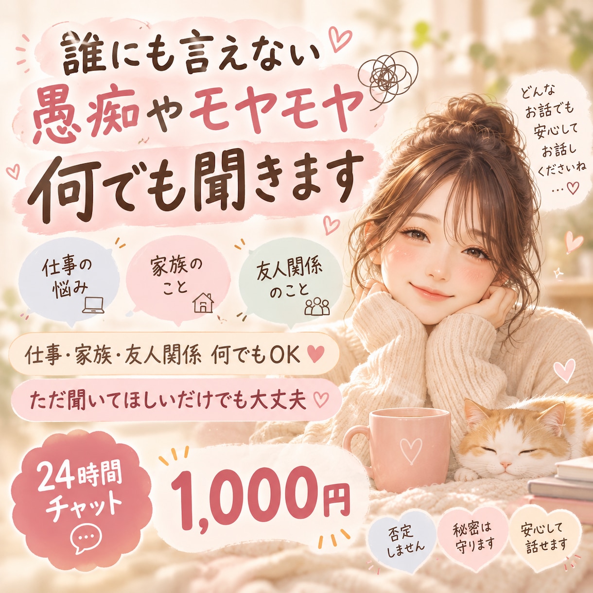 誰にも言えない愚痴やモヤモヤを何でもききます 仕事・家族・友人関係など、友達感覚で気軽に話してください イメージ1