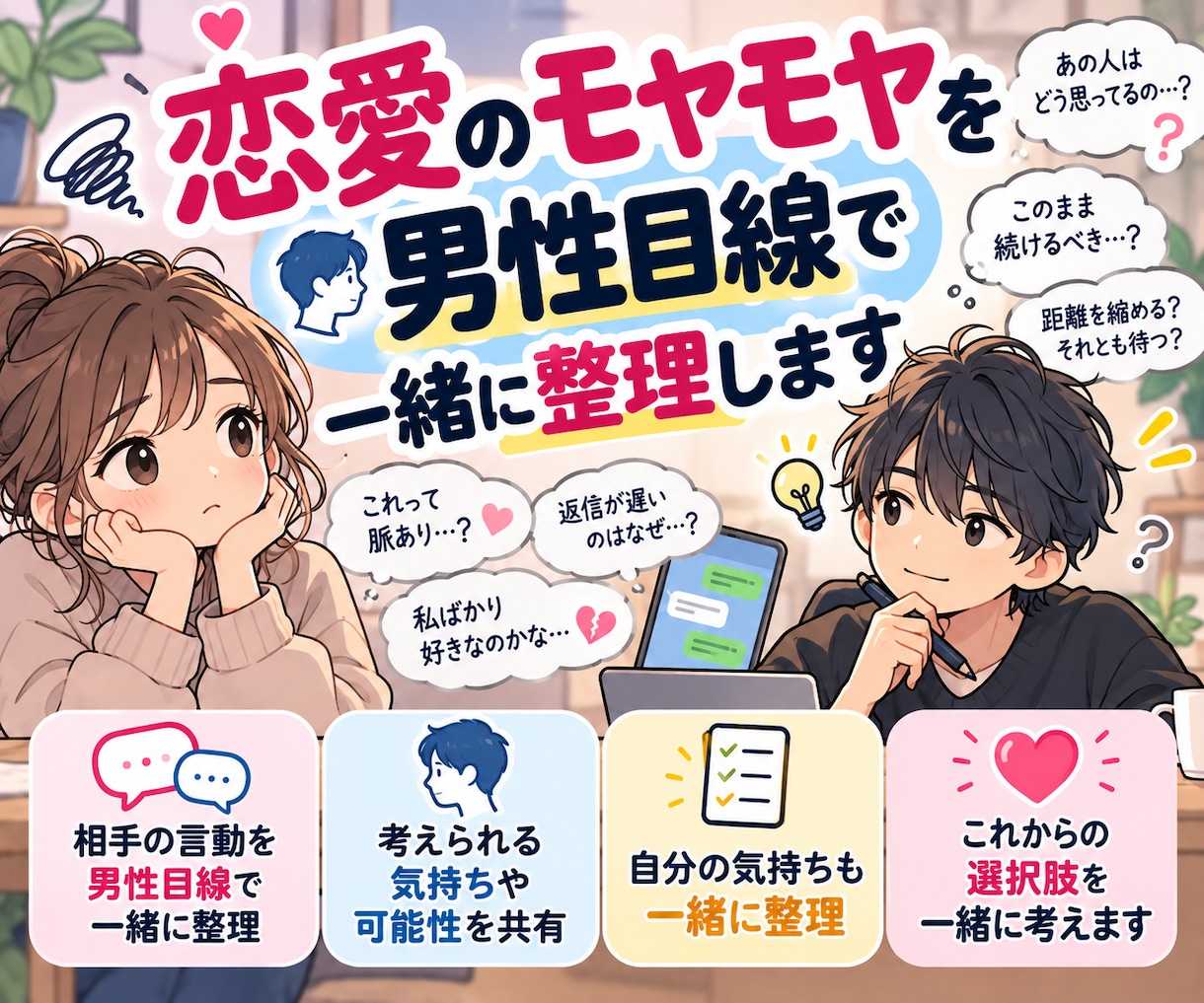 恋愛のモヤモヤを男性目線で一緒に整理します 相手の言動や自分の気持ちを一緒に整理します イメージ1