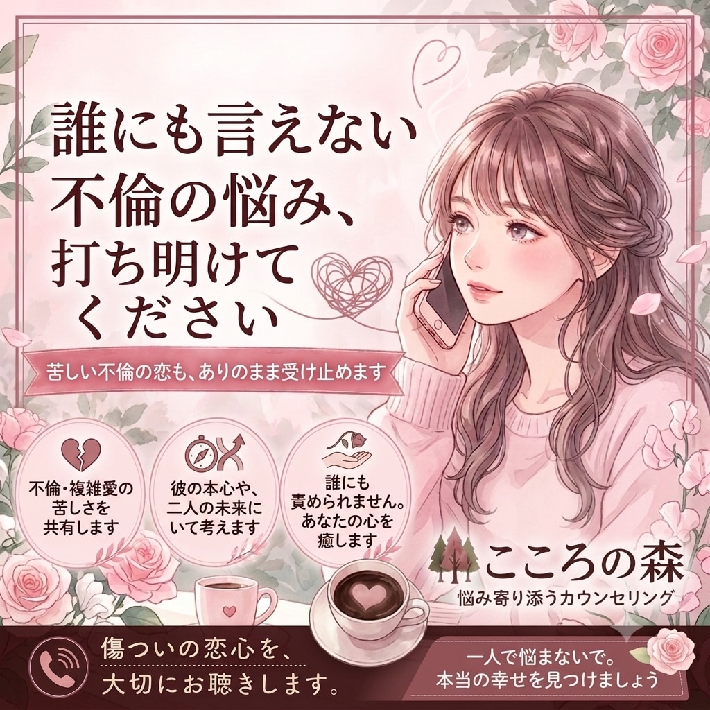 現役心理カウンセラーがお聴きします 不倫に悩むあなた(男・女問わず)胸の内をお話しください イメージ1
