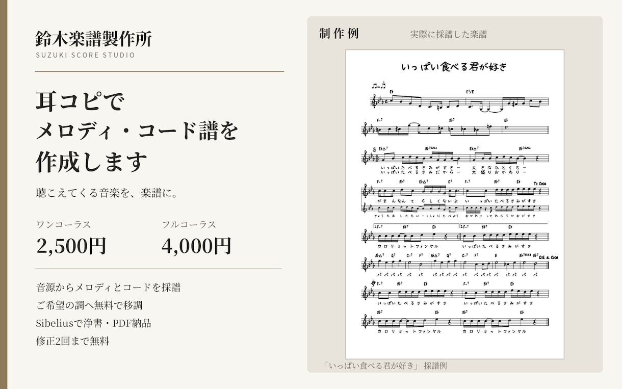 耳コピでメロディ+コード譜を作成します お好きな楽曲を演奏しやすい楽譜に仕上げます。 イメージ2