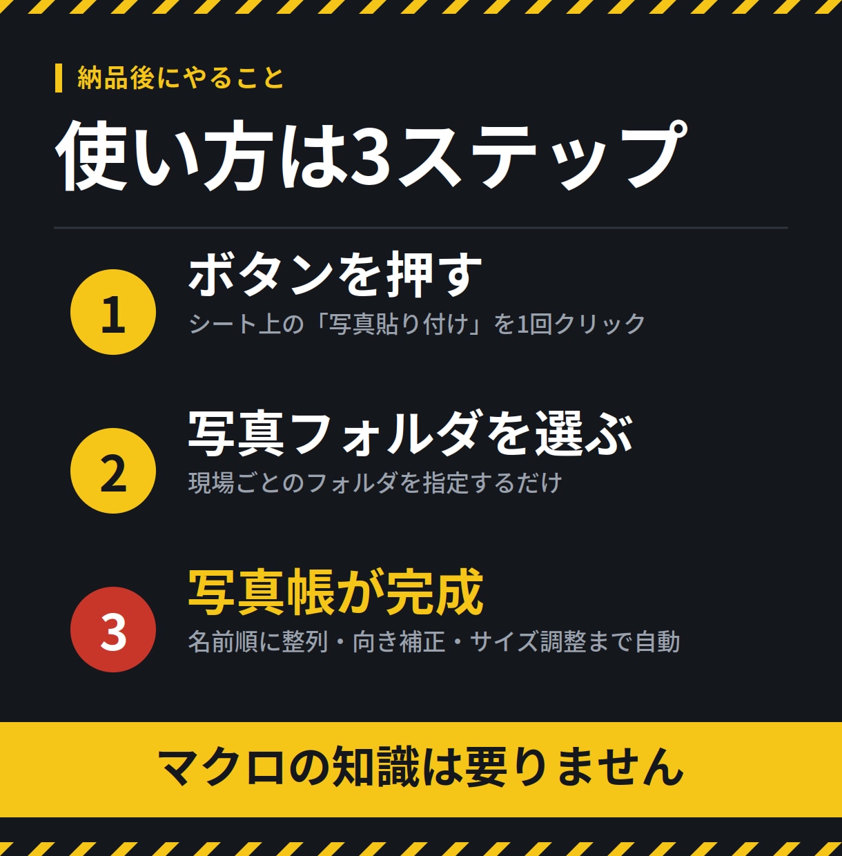 御社指定の様式のまま工事写真を自動貼付します 様式は一切変更しません。フォルダを選ぶだけで完成します。 イメージ2