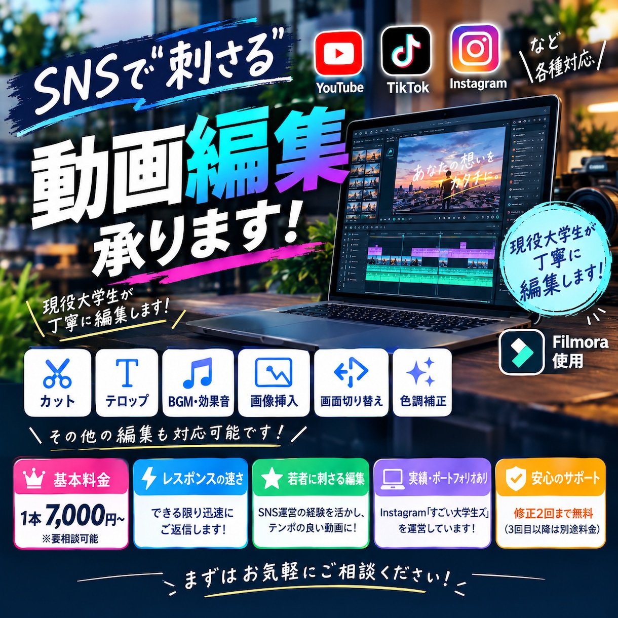 SNS・YouTube対応 動画編集承ります 現役大学生が、見やすくテンポの良い動画に仕上げます！ イメージ1