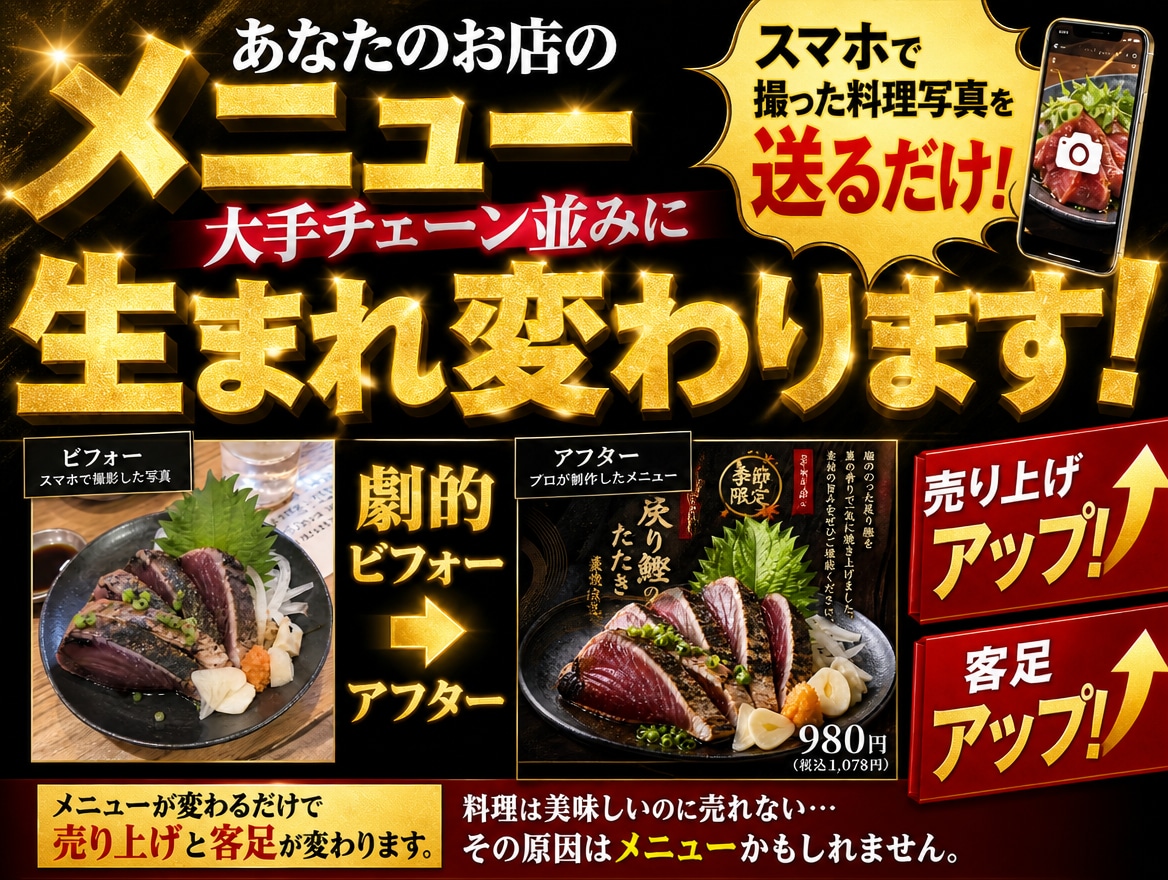写真一枚送って下さい！プロ級映えメニュー制作します 超ハイクオリティーなメニューで客足、売上、リピ率大幅UP！ イメージ1