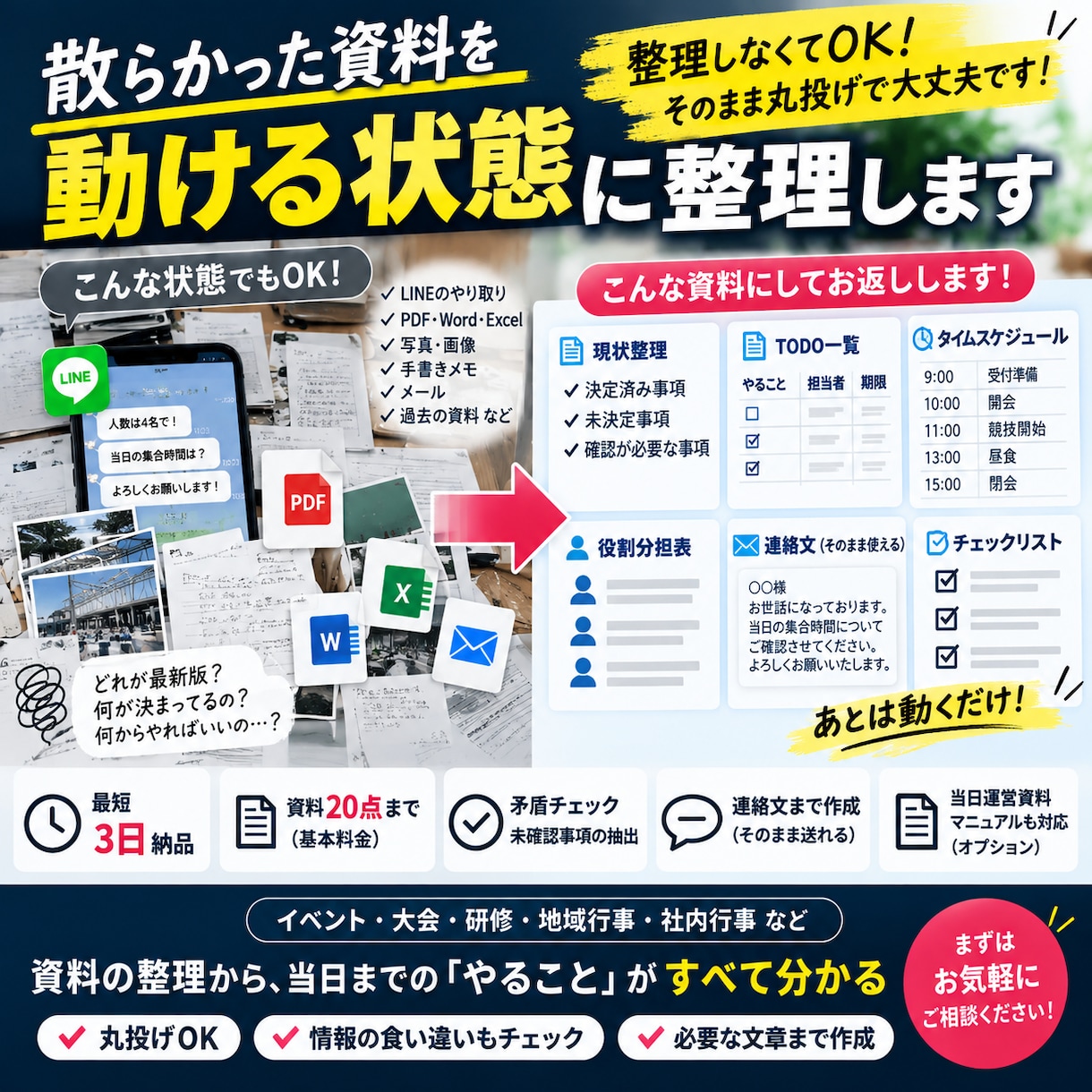 散らかったイベント資料を当日運営セットにします LINE・PDF・Excel等を丸投げで当日運営資料に イメージ1