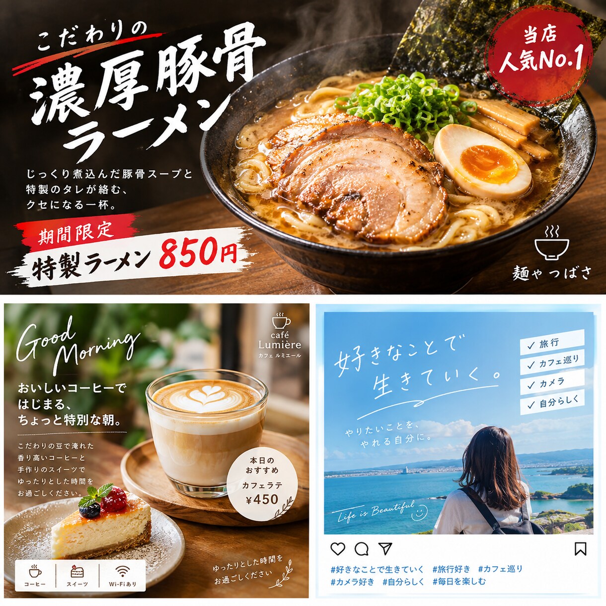 お店や商品の魅力が伝わる宣伝画像を作成します お店の宣伝やSNSに使える画像を丁寧に制作します イメージ1