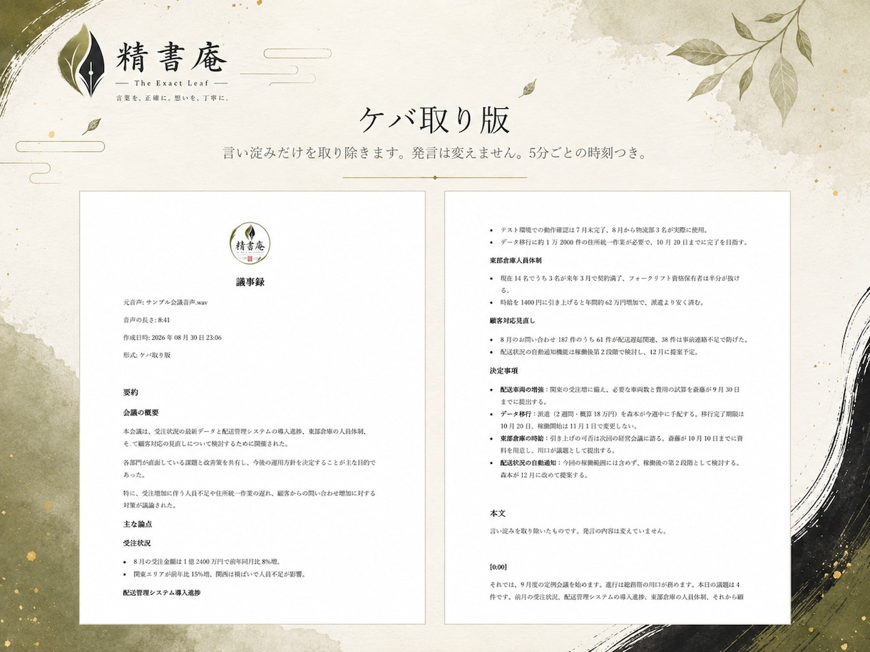 大切な音声を丁寧に文字起こし・議事録にします 言葉を、正確に。想いを、丁寧に。 イメージ9