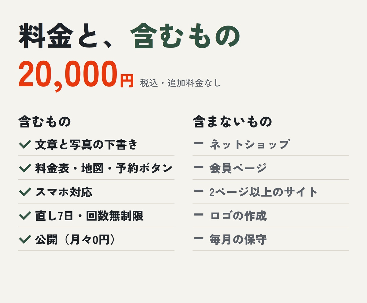 小さなお店の1ページホームページ、格安で作ります 工務店・美容室・整体院。2万円・5日で公開 イメージ4